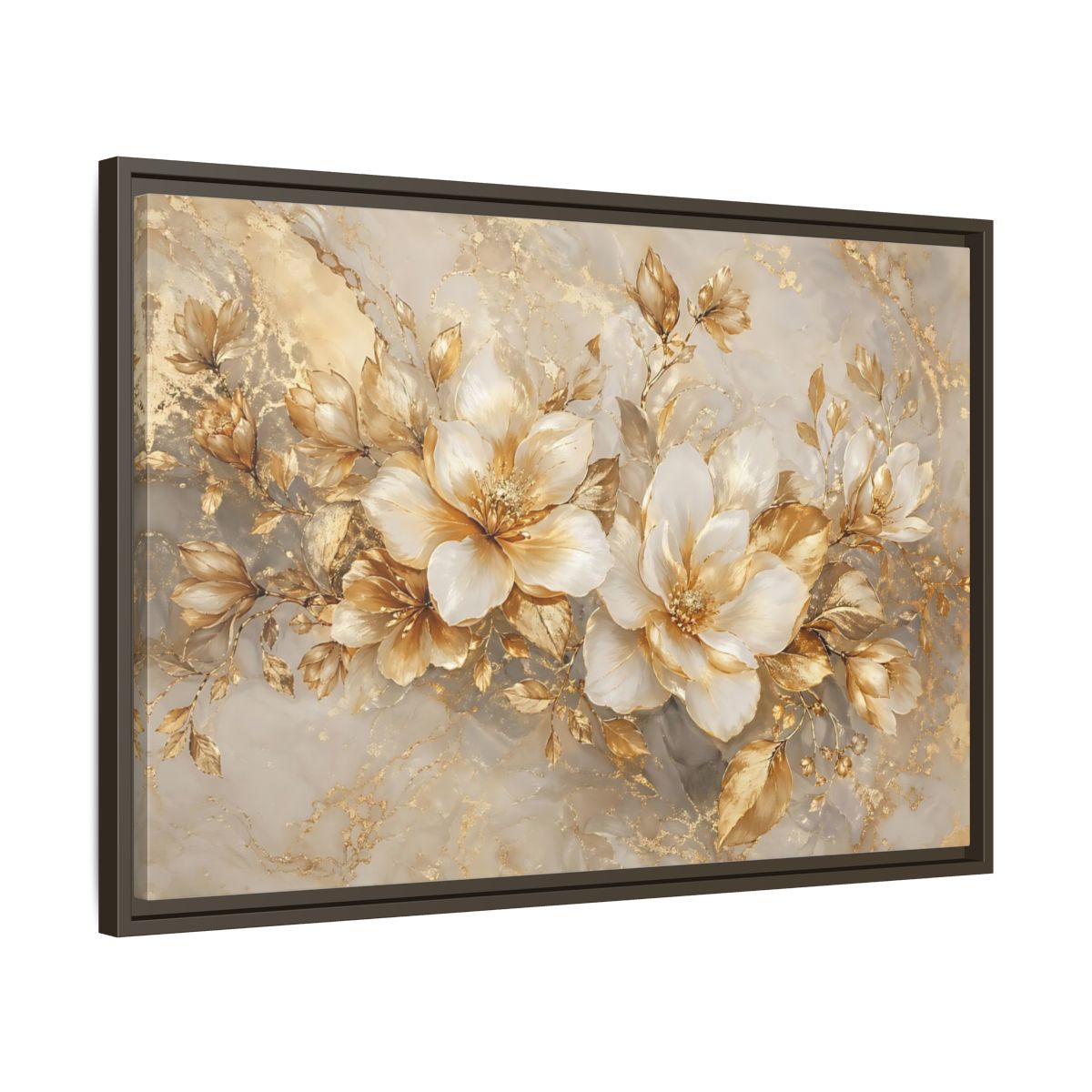 Side Mockup 11. Floral Gold Flowers Gold And White Floral shown as stretched canvas wall art