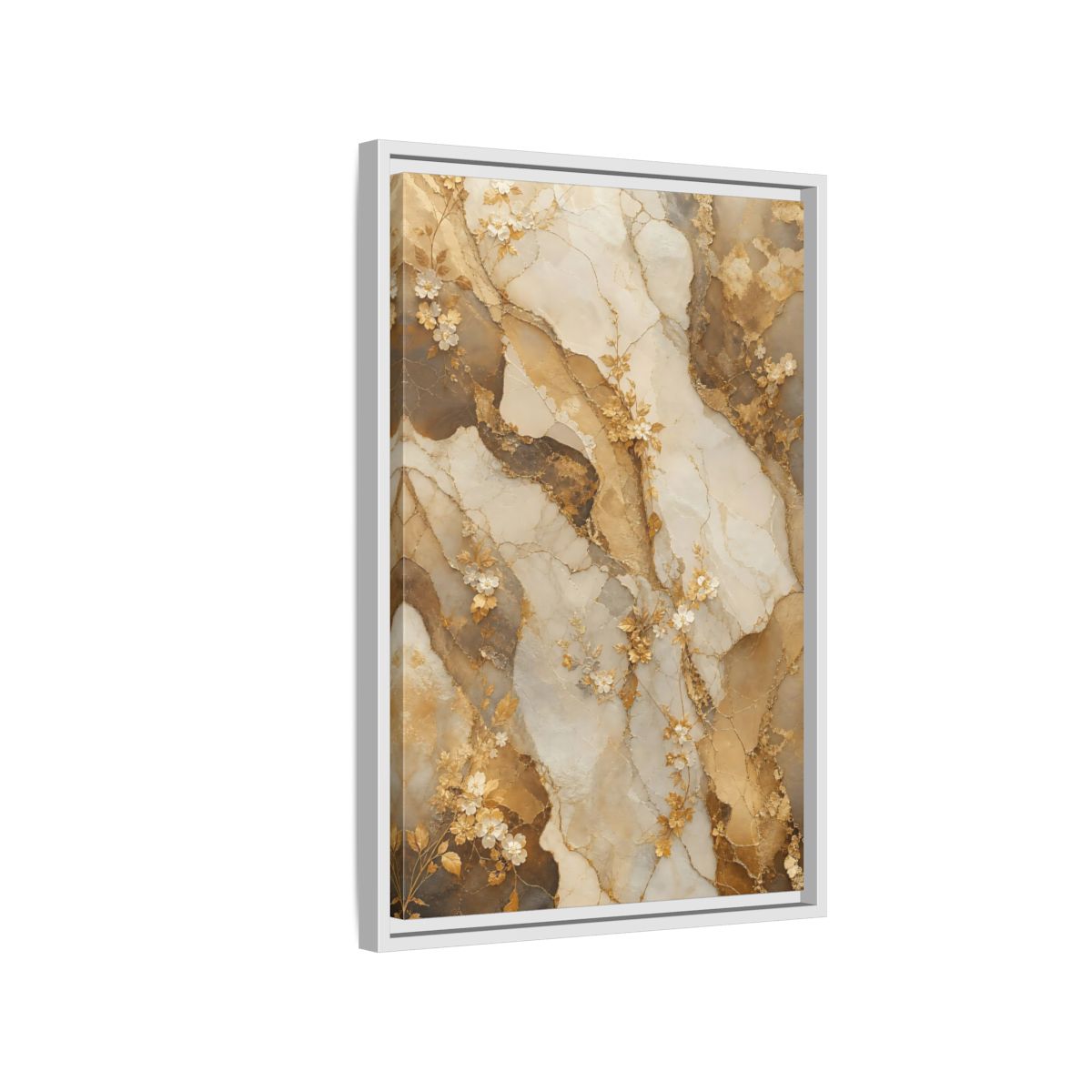 Side Mockup 1. Floral Gold Flowers Gold Cream Marble Floral shown as stretched canvas wall art