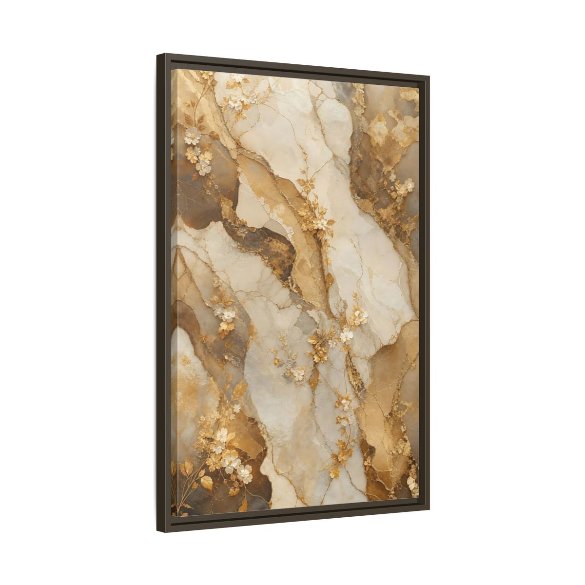 Side Mockup 11. Floral Gold Flowers Gold Cream Marble Floral shown as stretched canvas wall art