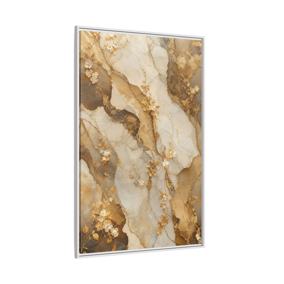 Side Mockup 7. Floral Gold Flowers Gold Cream Marble Floral shown as stretched canvas wall art