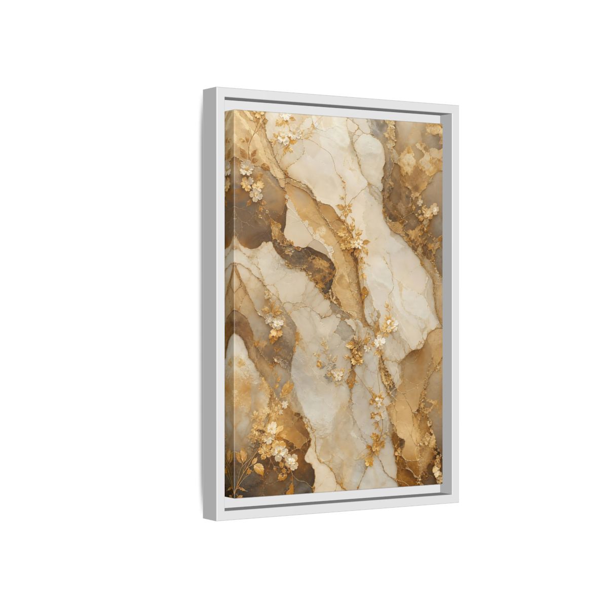 Side Mockup 4. Floral Gold Flowers Gold Cream Marble Floral shown as stretched canvas wall art