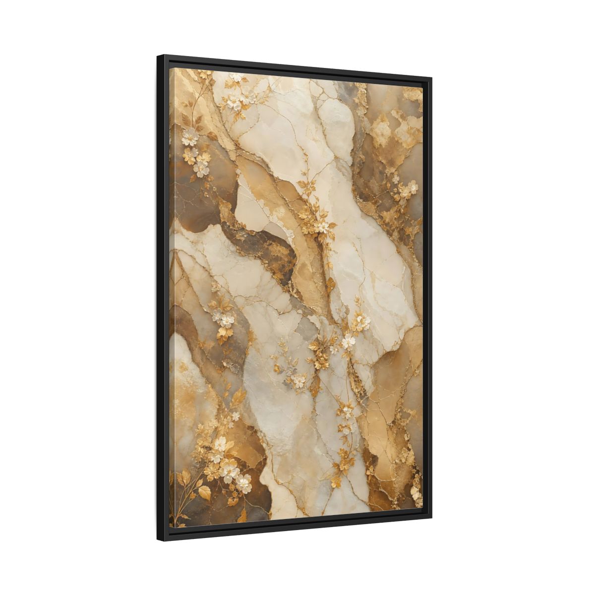 Side Mockup 13. Floral Gold Flowers Gold Cream Marble Floral shown as stretched canvas wall art