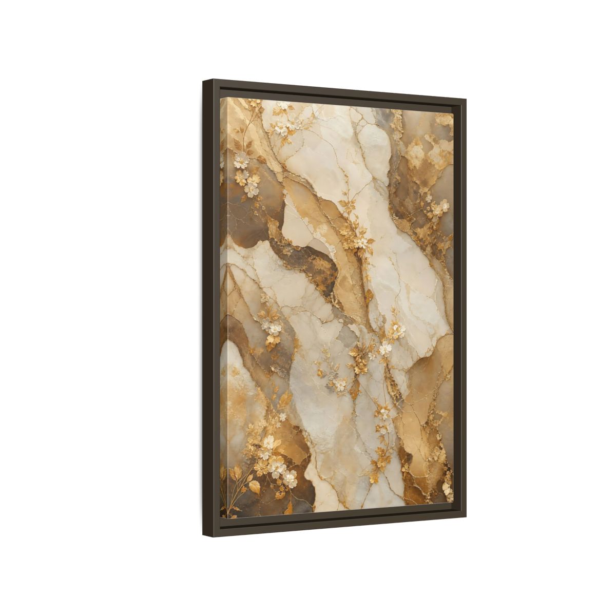 Side Mockup 2. Floral Gold Flowers Gold Cream Marble Floral shown as stretched canvas wall art