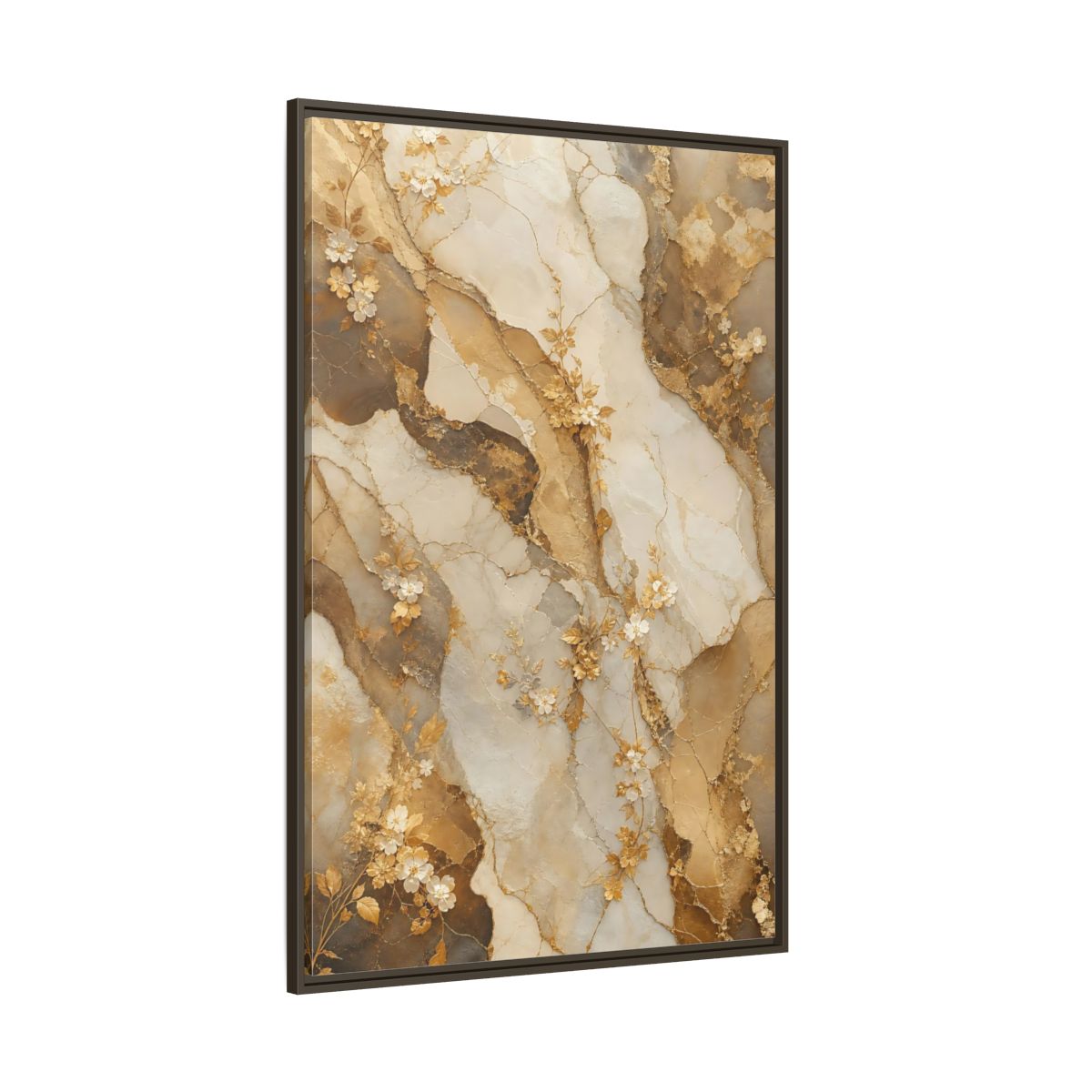 Side Mockup 8. Floral Gold Flowers Gold Cream Marble Floral shown as stretched canvas wall art