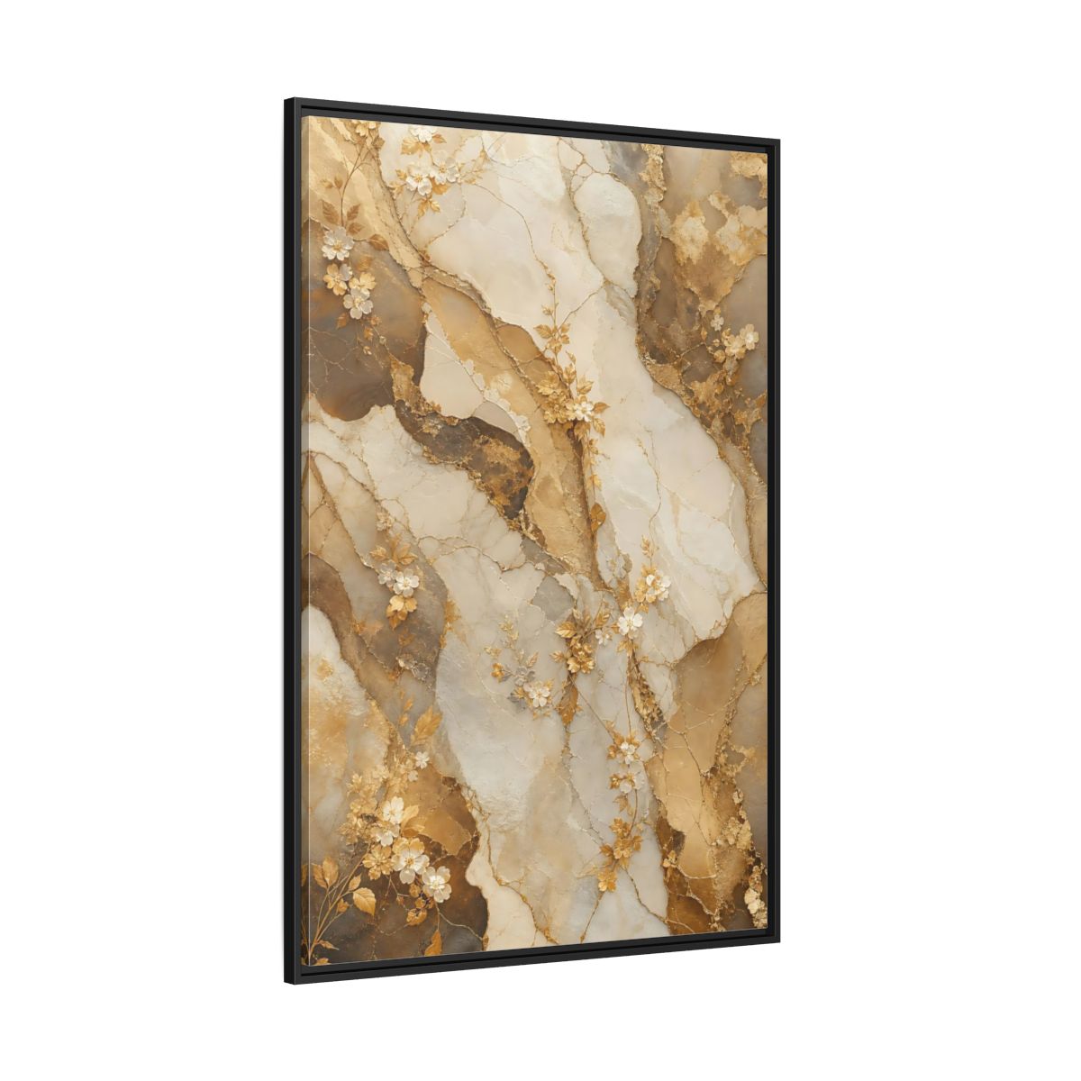 Side Mockup 12. Floral Gold Flowers Gold Cream Marble Floral shown as stretched canvas wall art