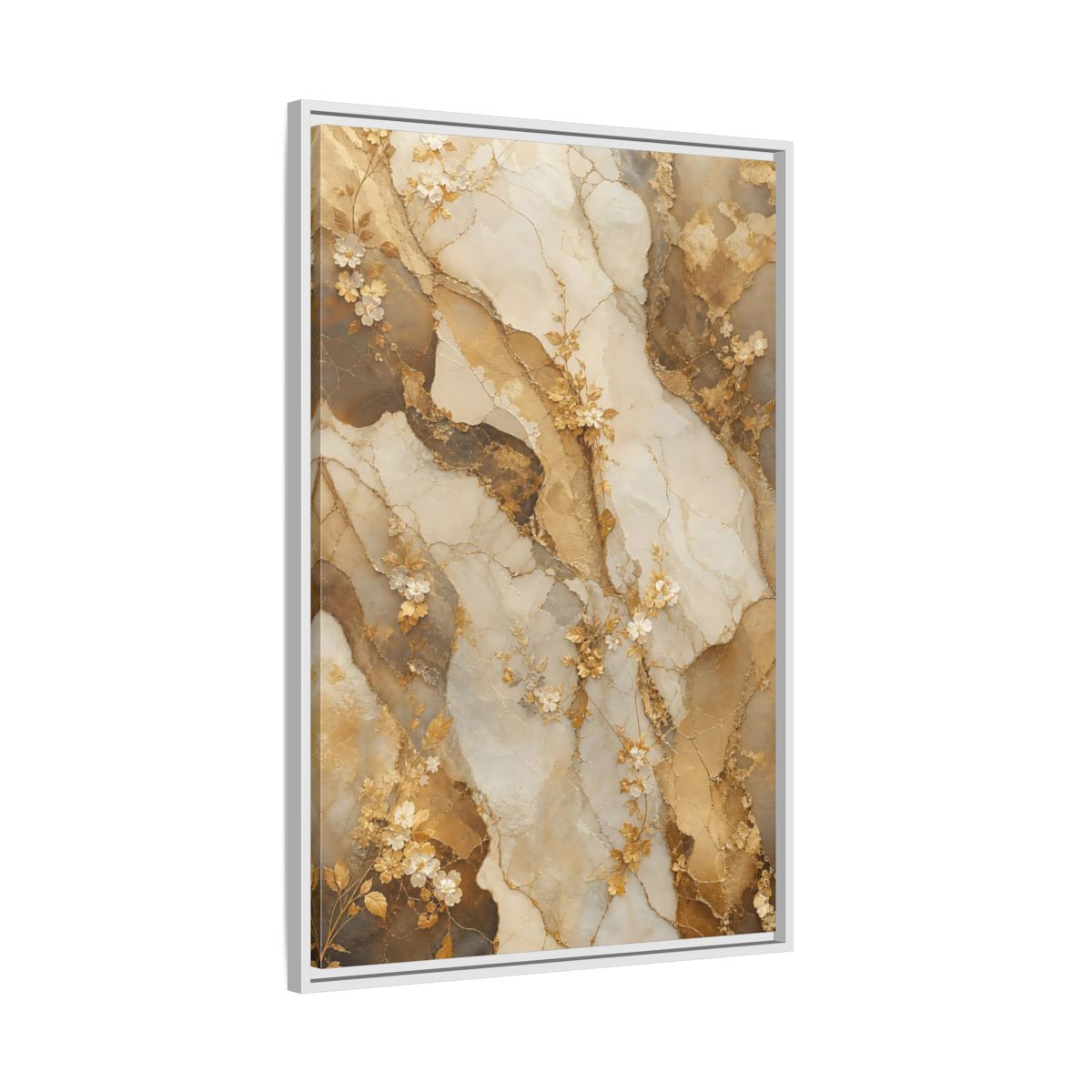 Side Mockup 9. Floral Gold Flowers Gold Cream Marble Floral shown as stretched canvas wall art