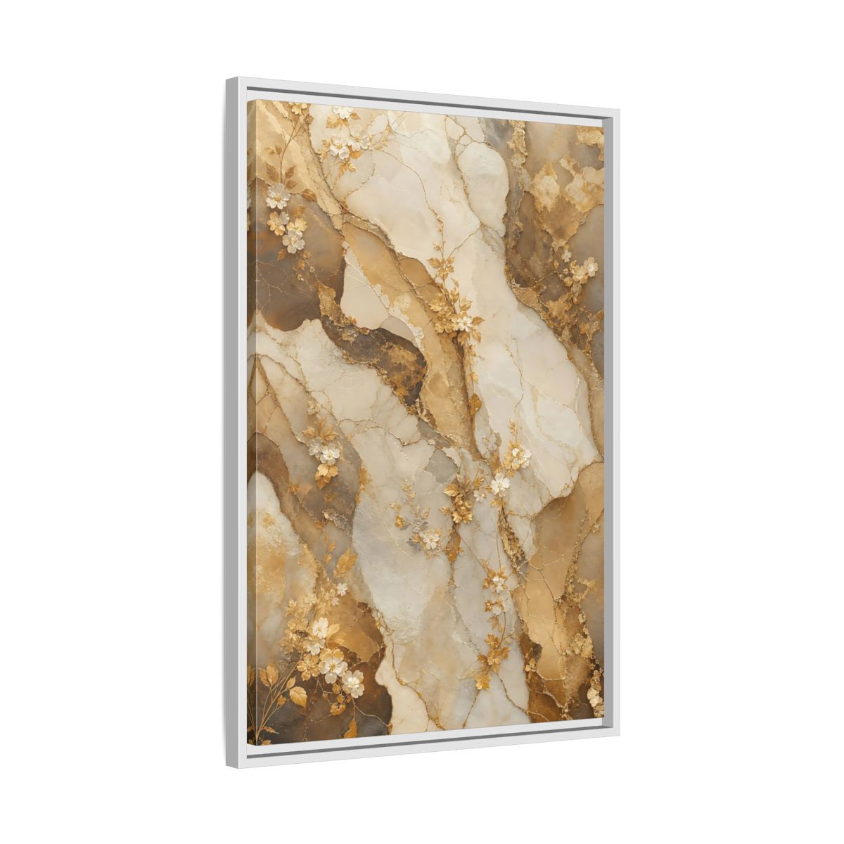 Side Mockup 10. Floral Gold Flowers Gold Cream Marble Floral shown as stretched canvas wall art