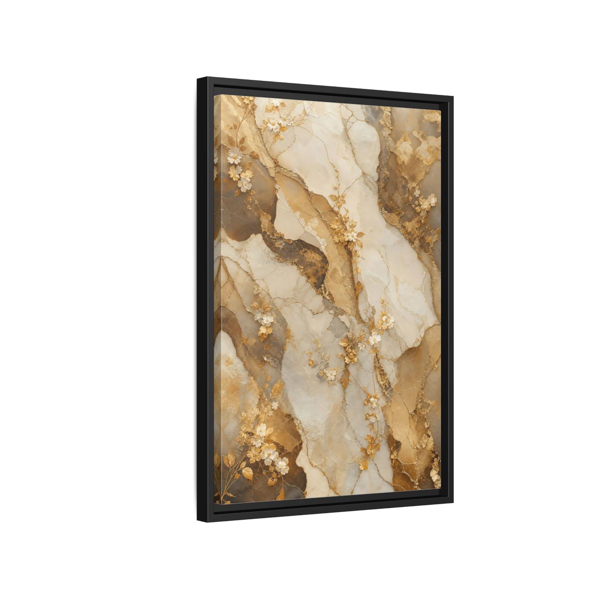 Side Mockup 3. Floral Gold Flowers Gold Cream Marble Floral shown as stretched canvas wall art