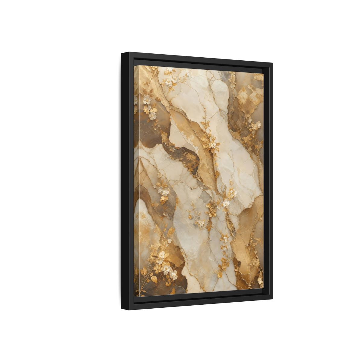 Side Mockup 6. Floral Gold Flowers Gold Cream Marble Floral shown as stretched canvas wall art