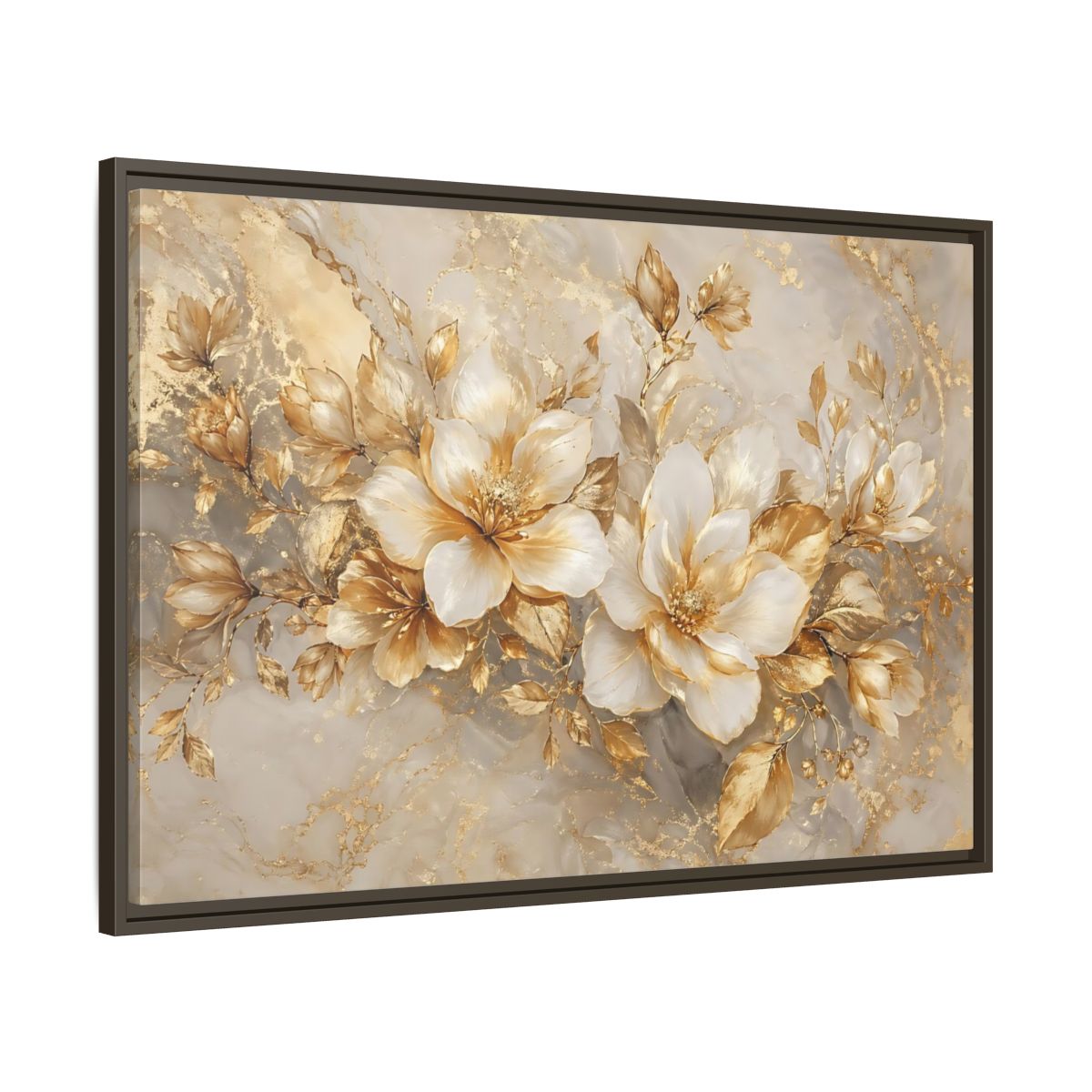 Main Mockup. Floral Gold Flowers Gold And White Floral shown as stretched canvas wall art