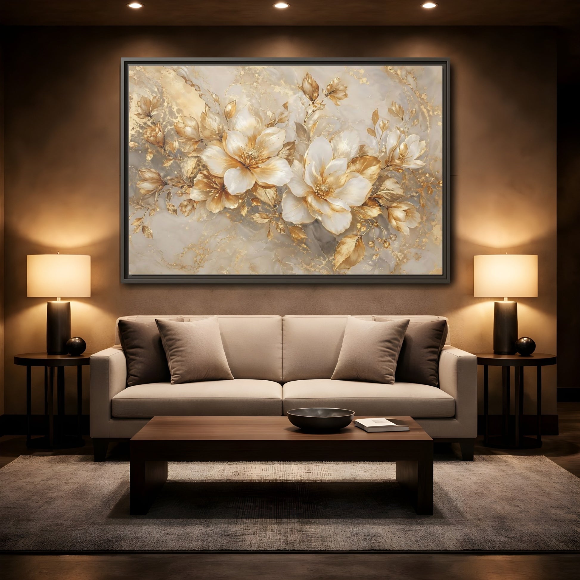 Mockup 2. Floral Gold Flowers Gold And White Floral shown as stretched canvas wall art