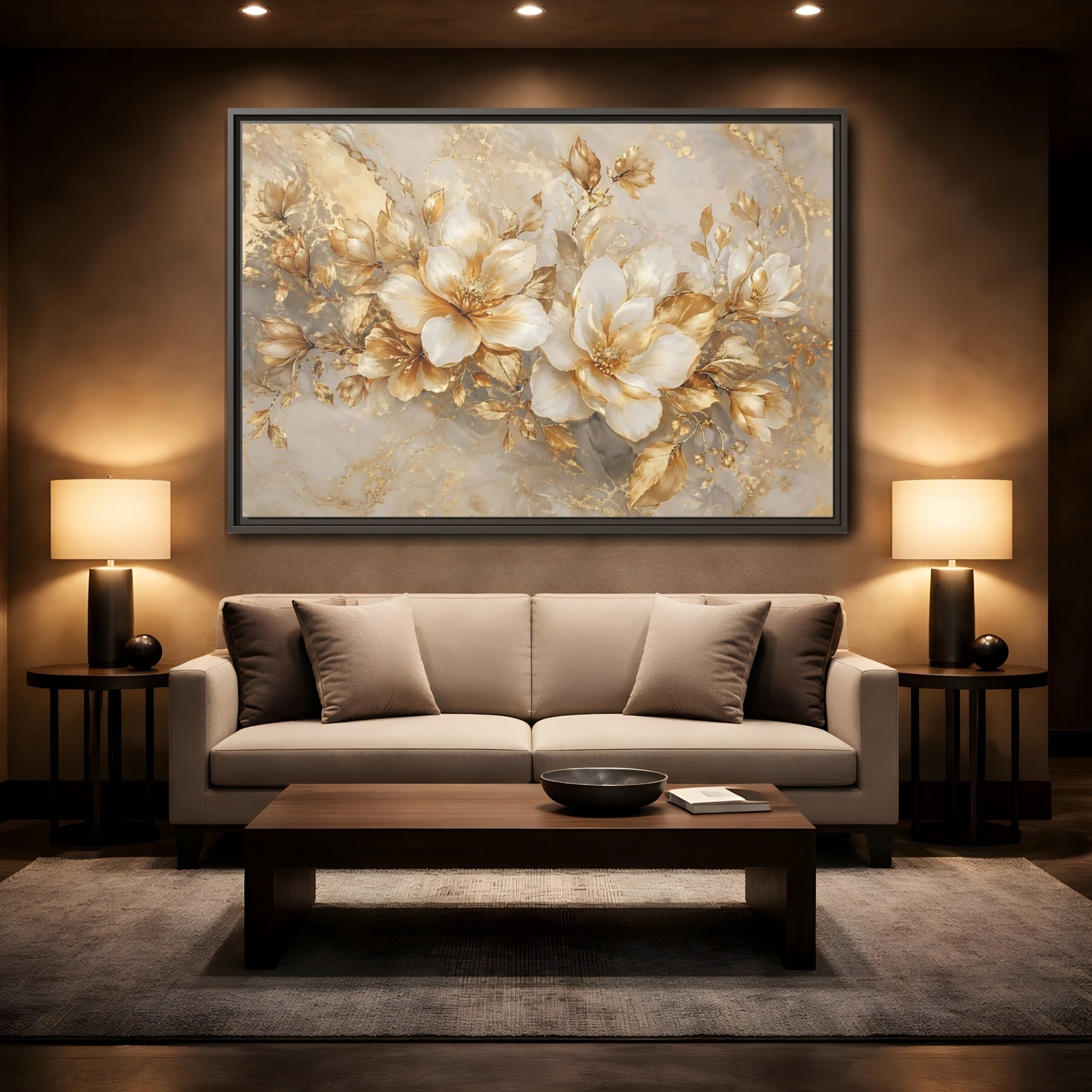 Mockup 2. Floral Gold Flowers Gold And White Floral shown as stretched canvas wall art