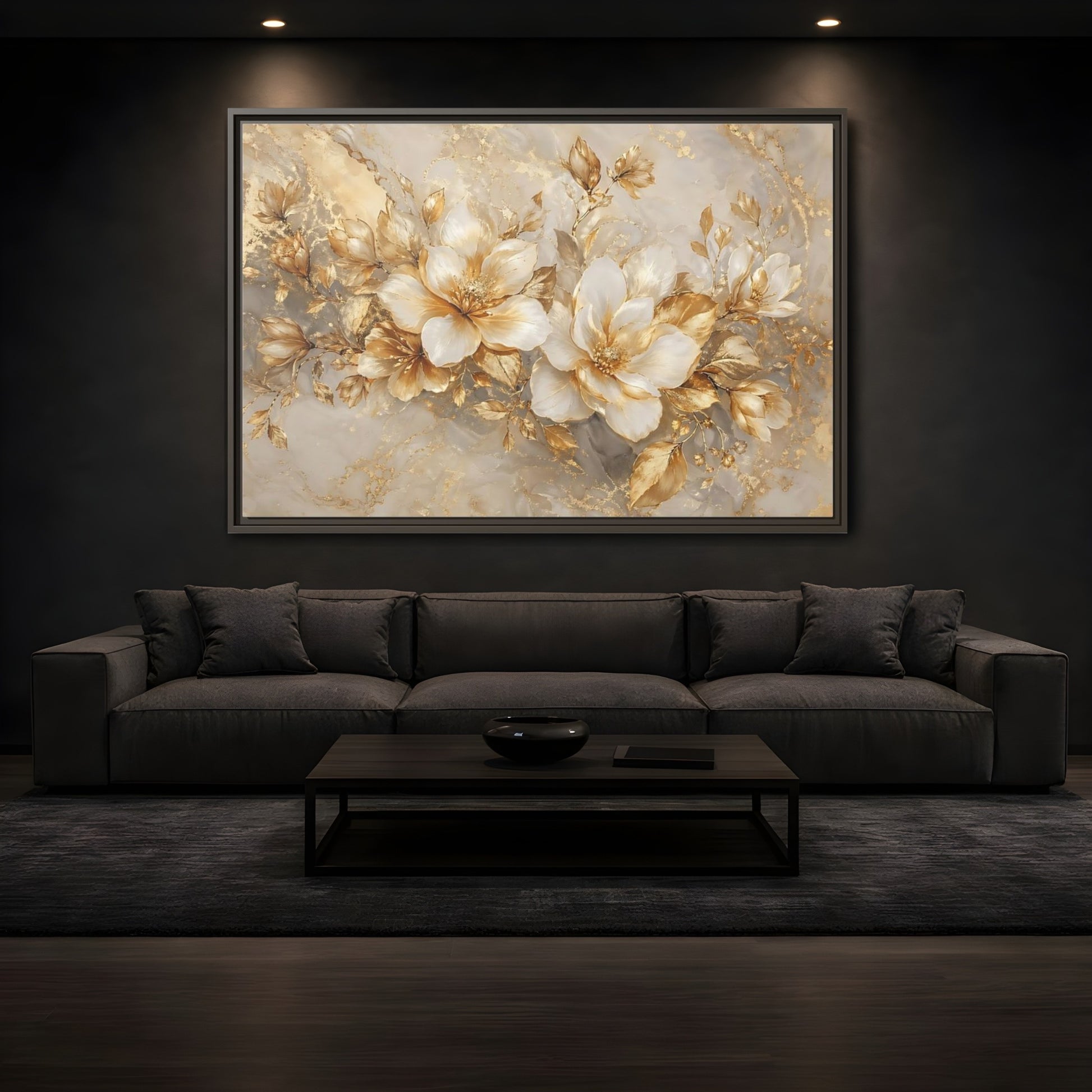 Mockup 3. Floral Gold Flowers Gold And White Floral shown as stretched canvas wall art
