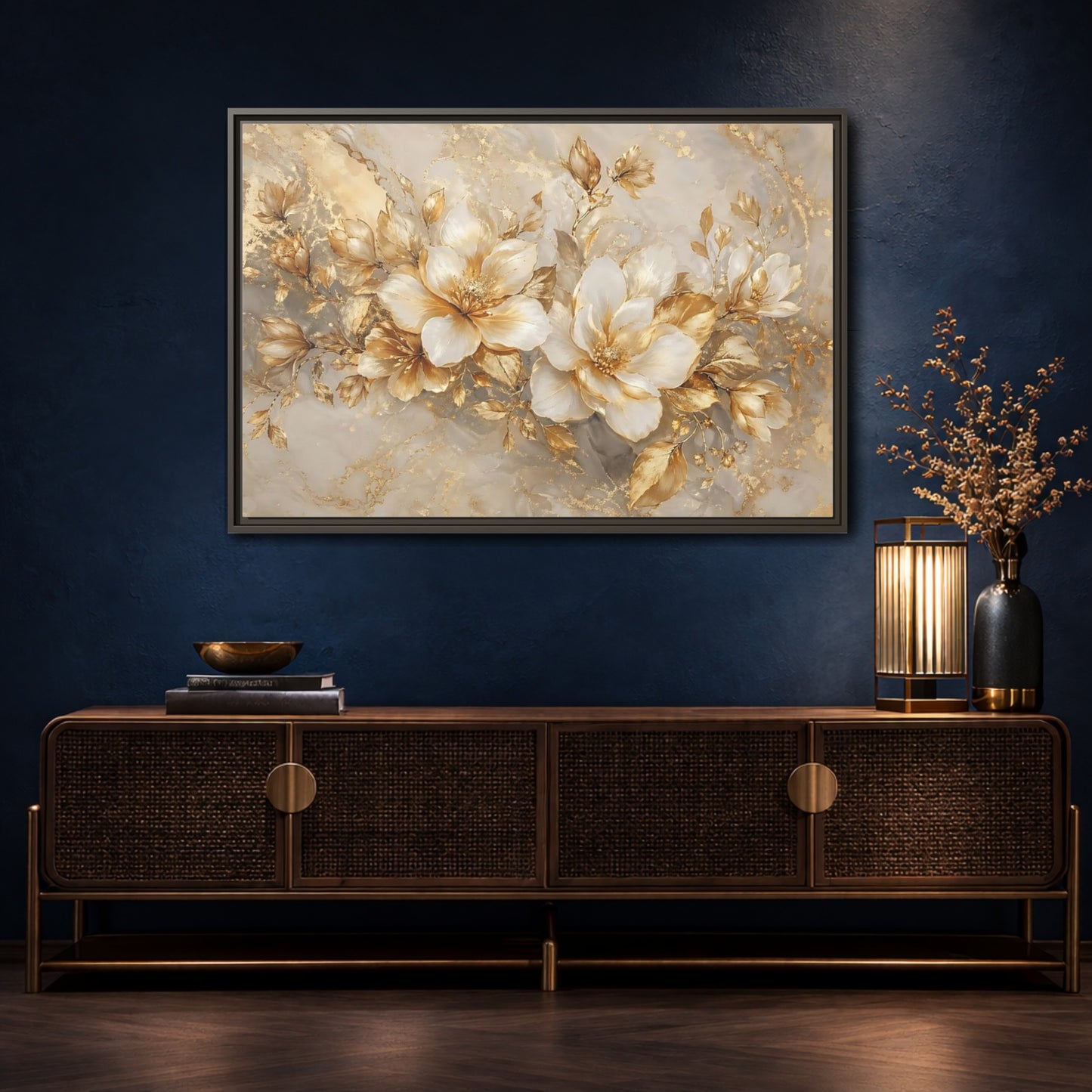 Mockup 4. Floral Gold Flowers Gold And White Floral shown as stretched canvas wall art