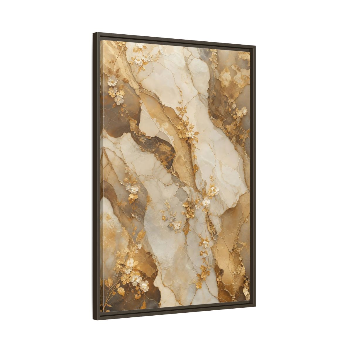 Main Mockup. Floral Gold Flowers Gold Cream Marble Floral shown as stretched canvas wall art