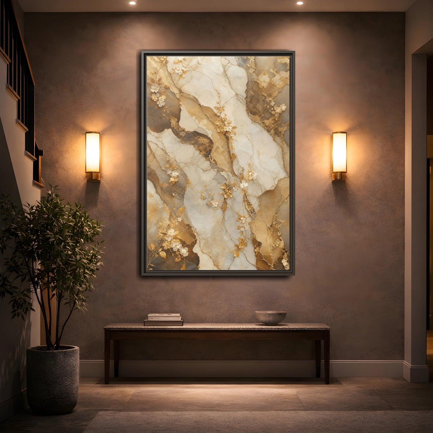 Mockup 2. Floral Gold Flowers Gold Cream Marble Floral shown as stretched canvas wall art