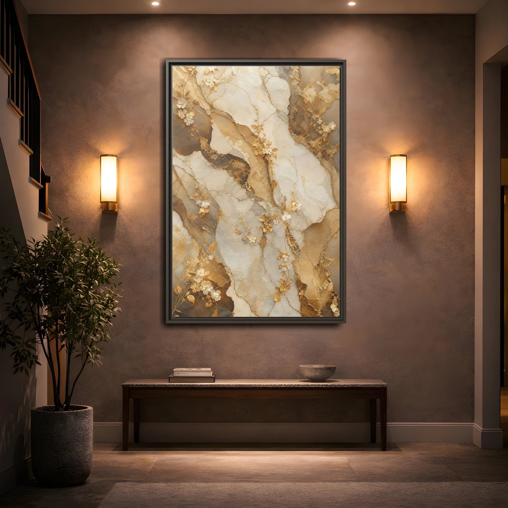 Mockup 2. Floral Gold Flowers Gold Cream Marble Floral shown as stretched canvas wall art