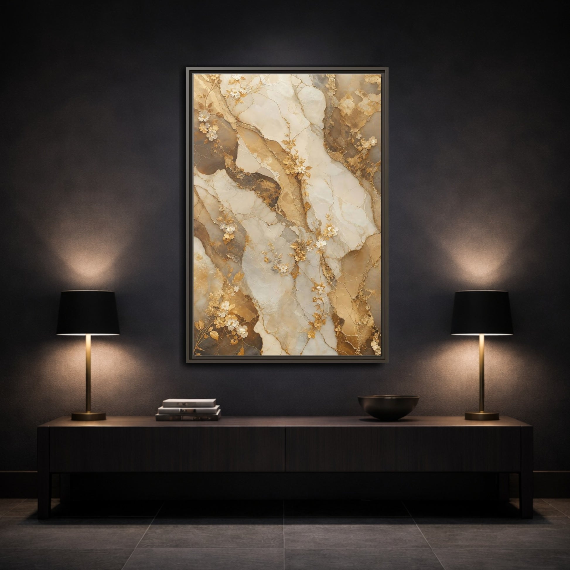 Mockup 3. Floral Gold Flowers Gold Cream Marble Floral shown as stretched canvas wall art