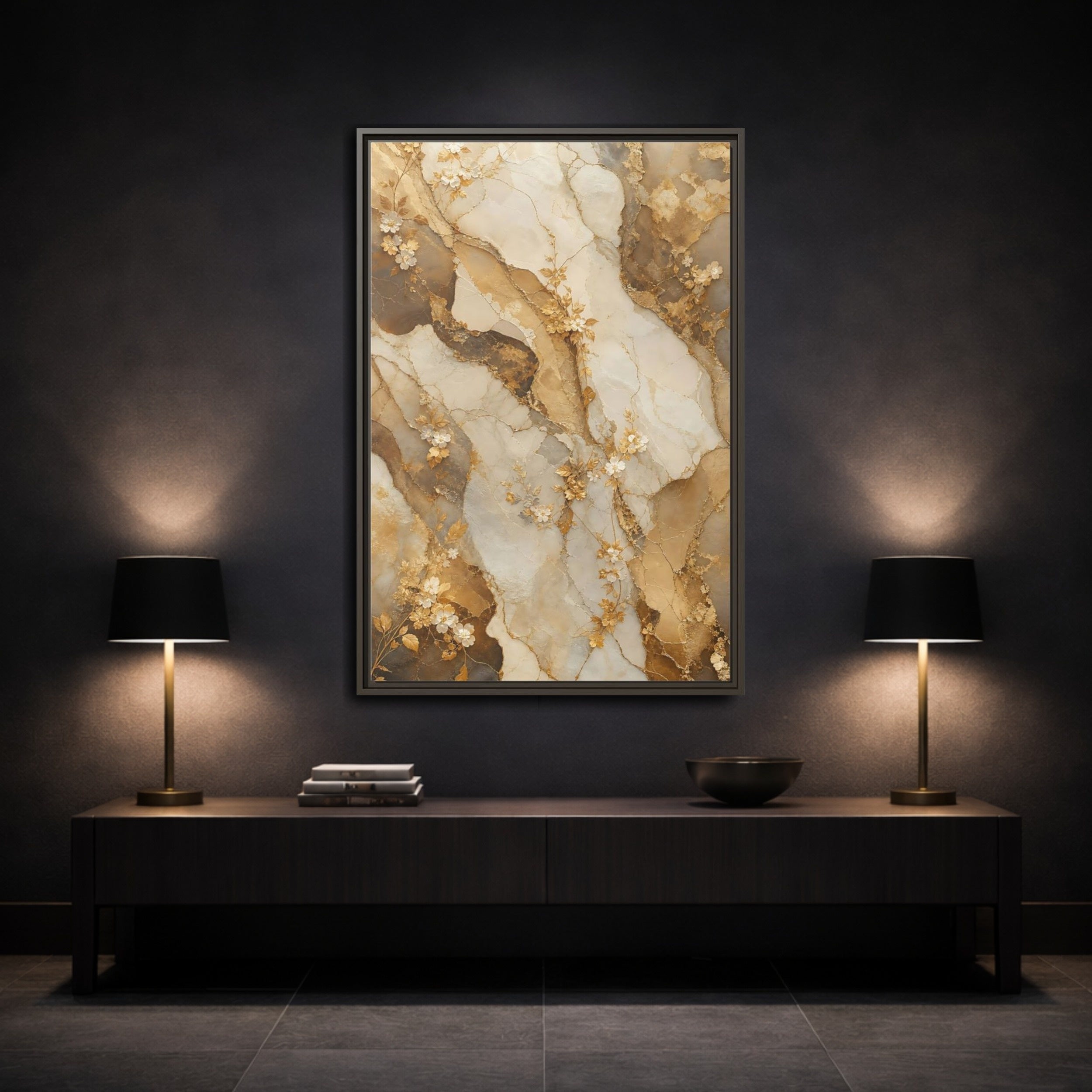 Mockup 3. Floral Gold Flowers Gold Cream Marble Floral shown as stretched canvas wall art