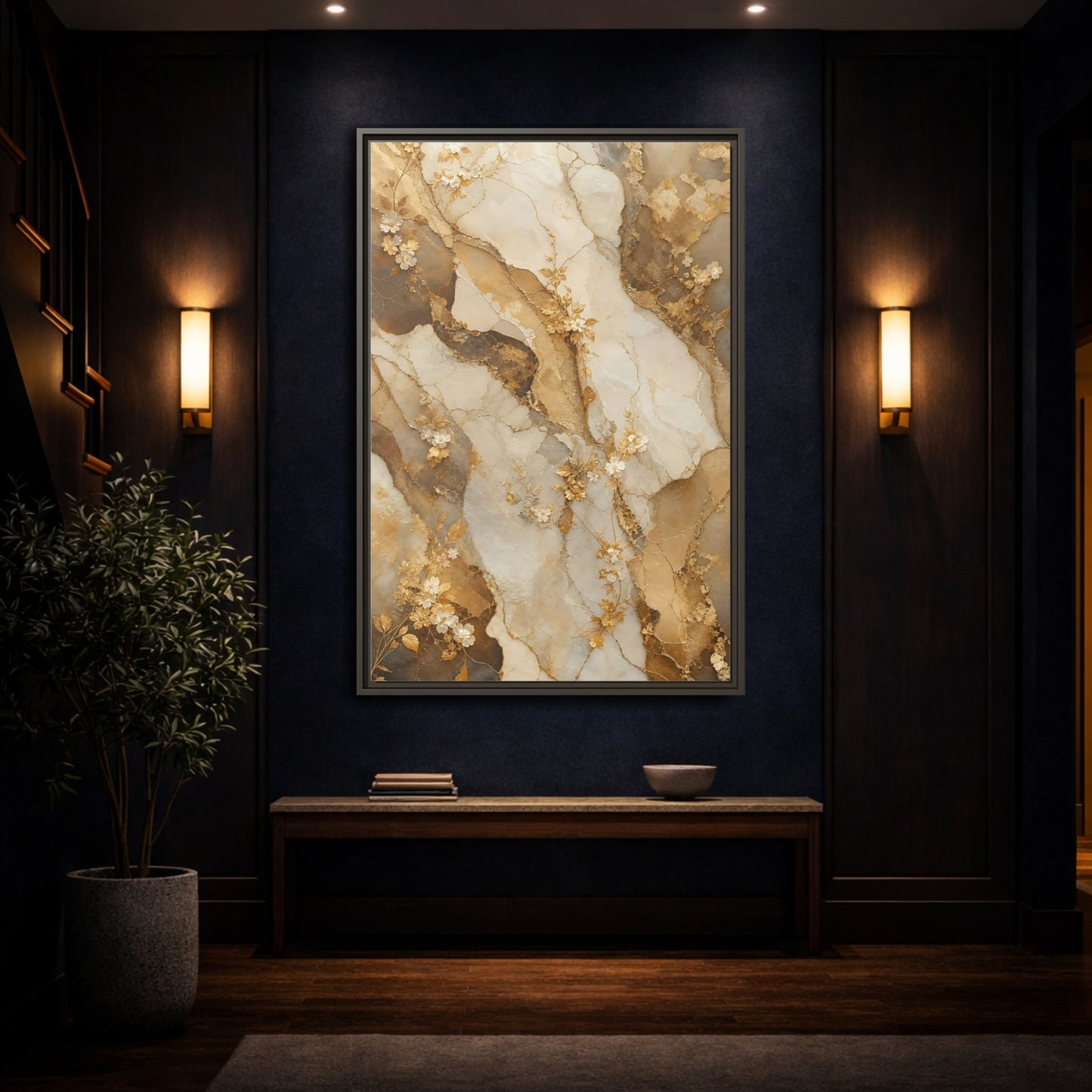 Mockup 4. Floral Gold Flowers Gold Cream Marble Floral shown as stretched canvas wall art