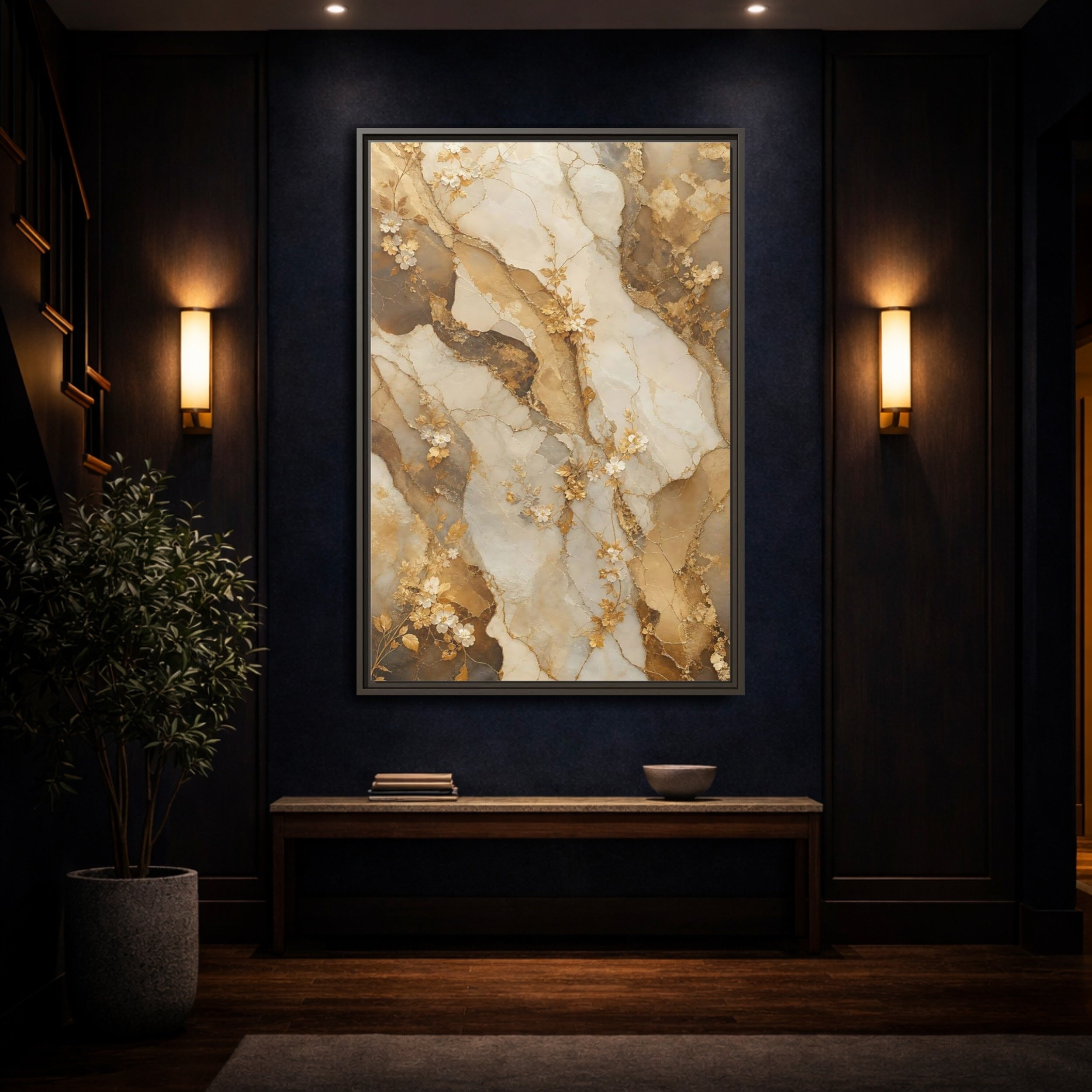 Mockup 4. Floral Gold Flowers Gold Cream Marble Floral shown as stretched canvas wall art