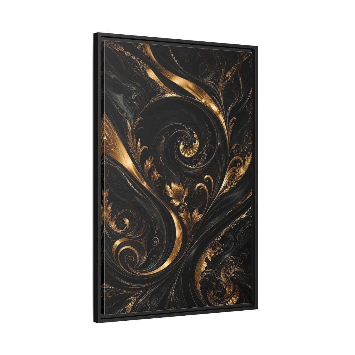 Side Mockup 13. Floral Gold Leaves Black And Gold shown as stretched canvas wall art