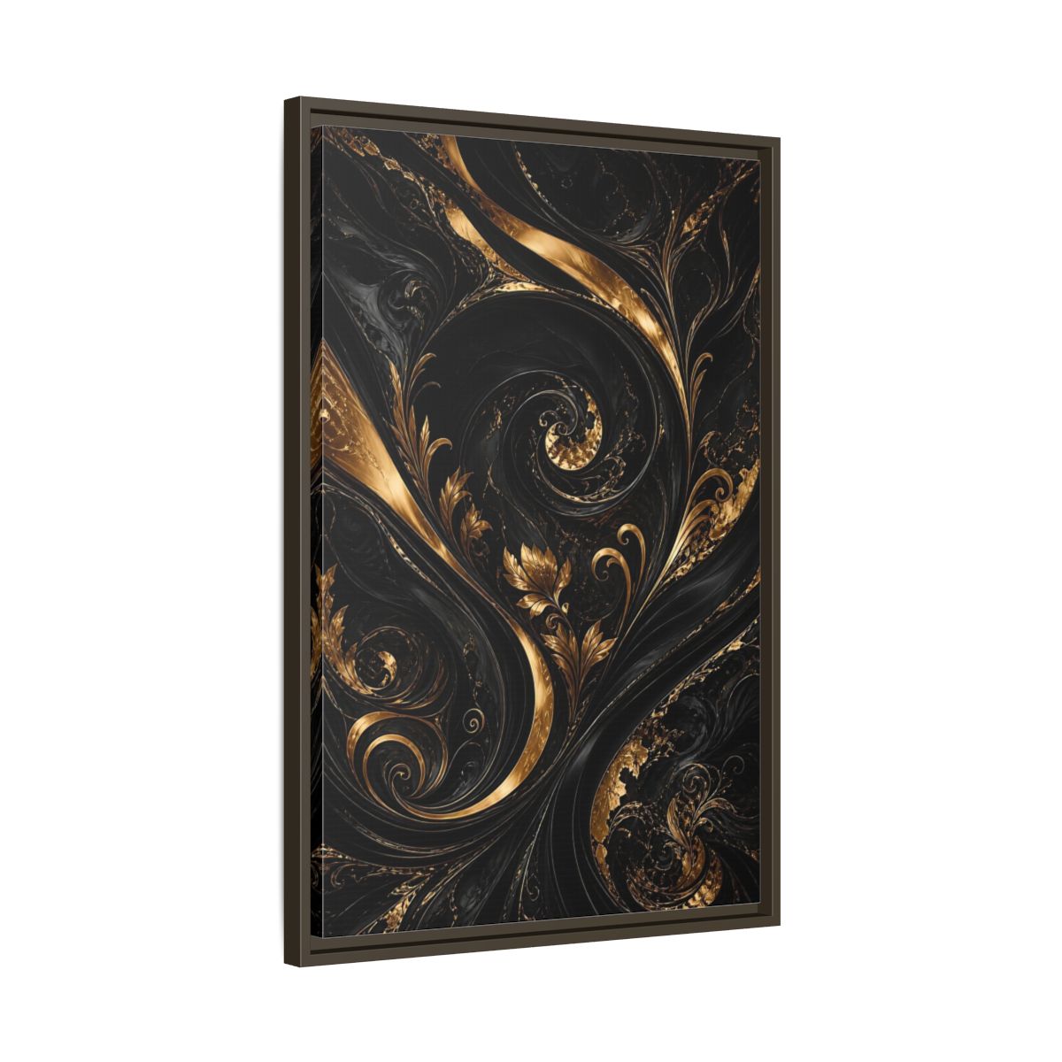 Side Mockup 11. Floral Gold Leaves Black And Gold shown as stretched canvas wall art