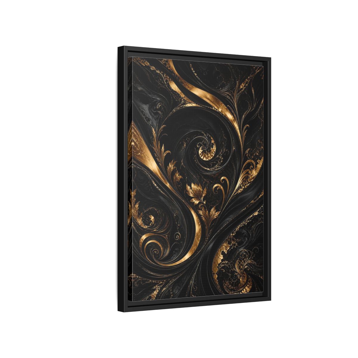 Side Mockup 3. Floral Gold Leaves Black And Gold shown as stretched canvas wall art