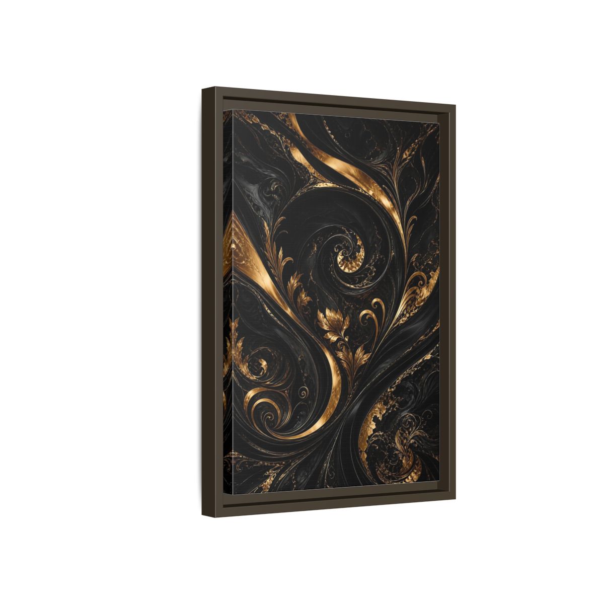 Side Mockup 5. Floral Gold Leaves Black And Gold shown as stretched canvas wall art