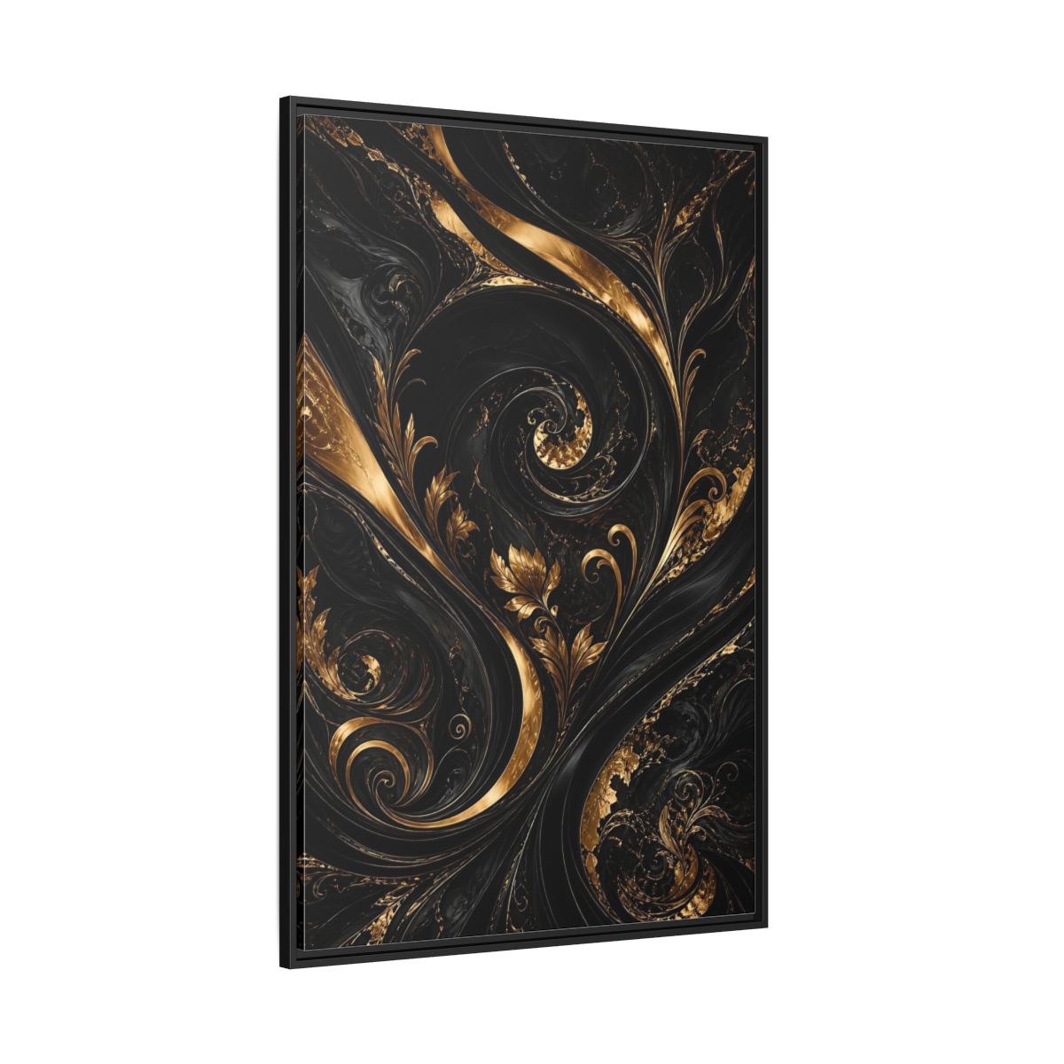 Side Mockup 12. Floral Gold Leaves Black And Gold shown as stretched canvas wall art