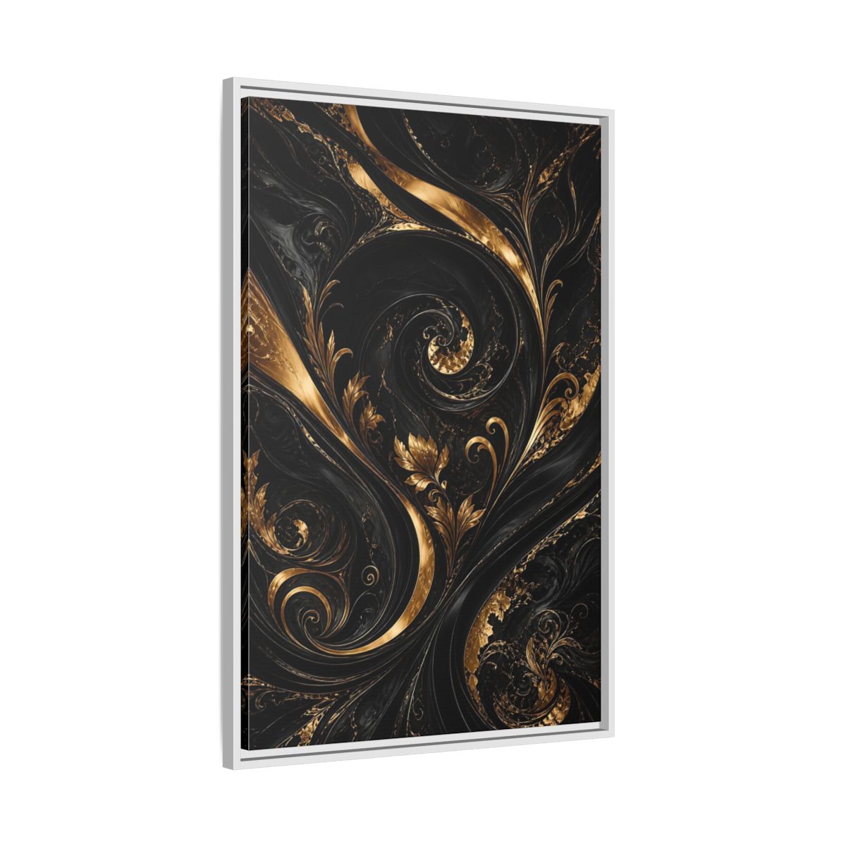 Side Mockup 9. Floral Gold Leaves Black And Gold shown as stretched canvas wall art
