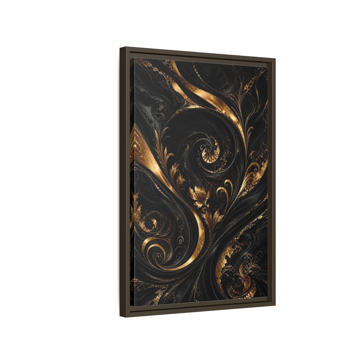 Side Mockup 2. Floral Gold Leaves Black And Gold shown as stretched canvas wall art