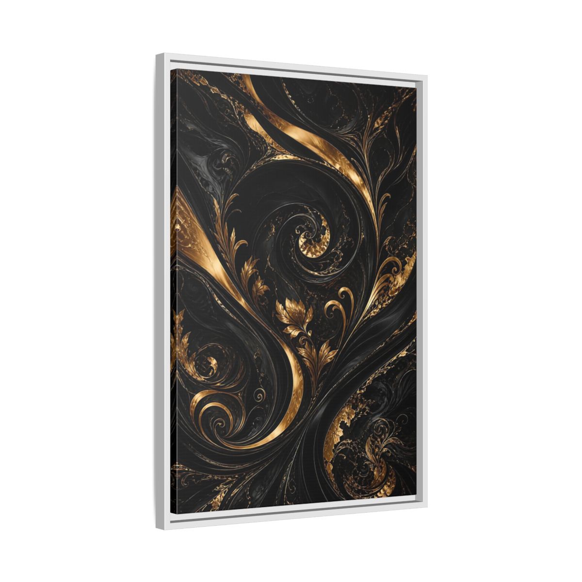 Side Mockup 10. Floral Gold Leaves Black And Gold shown as stretched canvas wall art