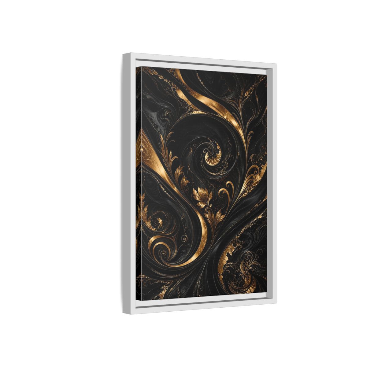 Side Mockup 4. Floral Gold Leaves Black And Gold shown as stretched canvas wall art