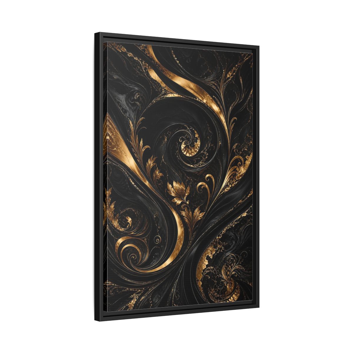 Side Mockup 14. Floral Gold Leaves Black And Gold shown as stretched canvas wall art