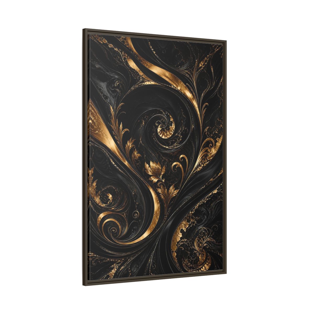 Side Mockup 8. Floral Gold Leaves Black And Gold shown as stretched canvas wall art
