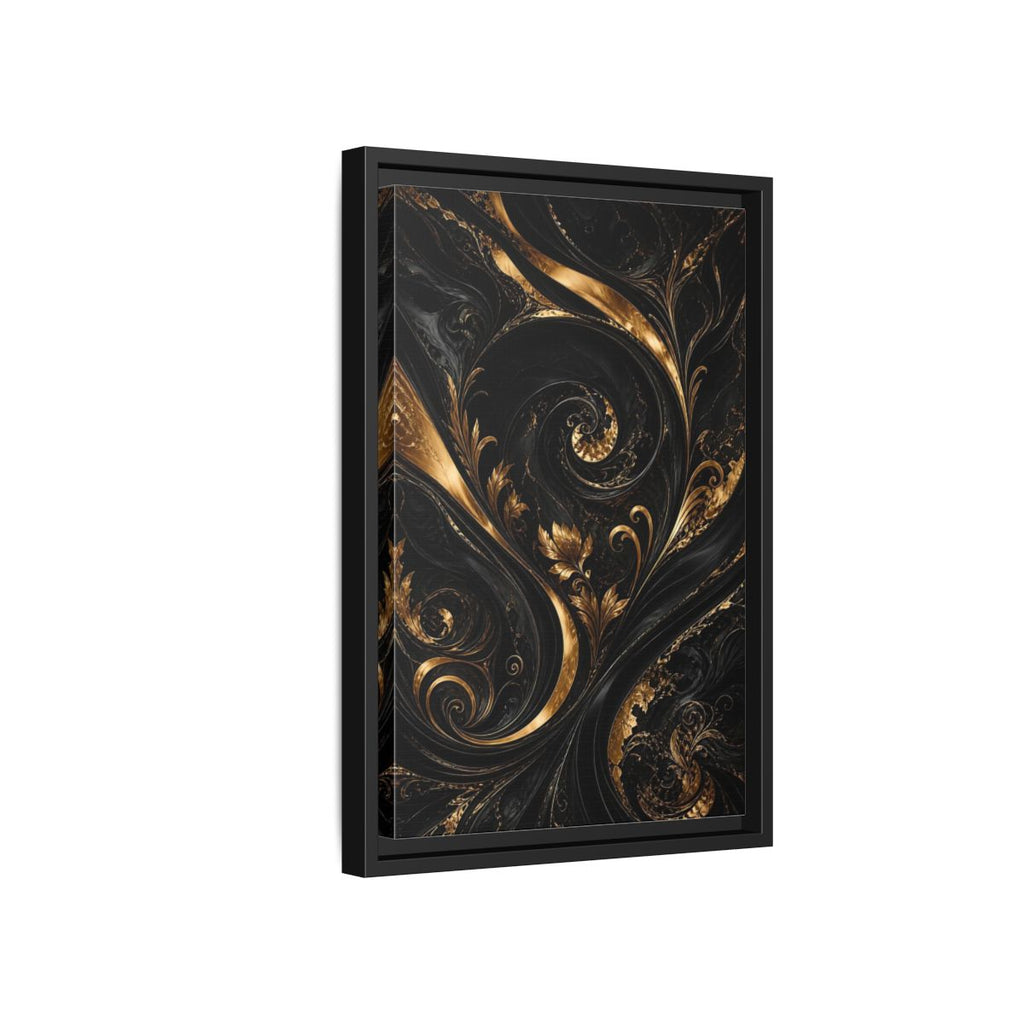 Side Mockup 6. Floral Gold Leaves Black And Gold shown as stretched canvas wall art