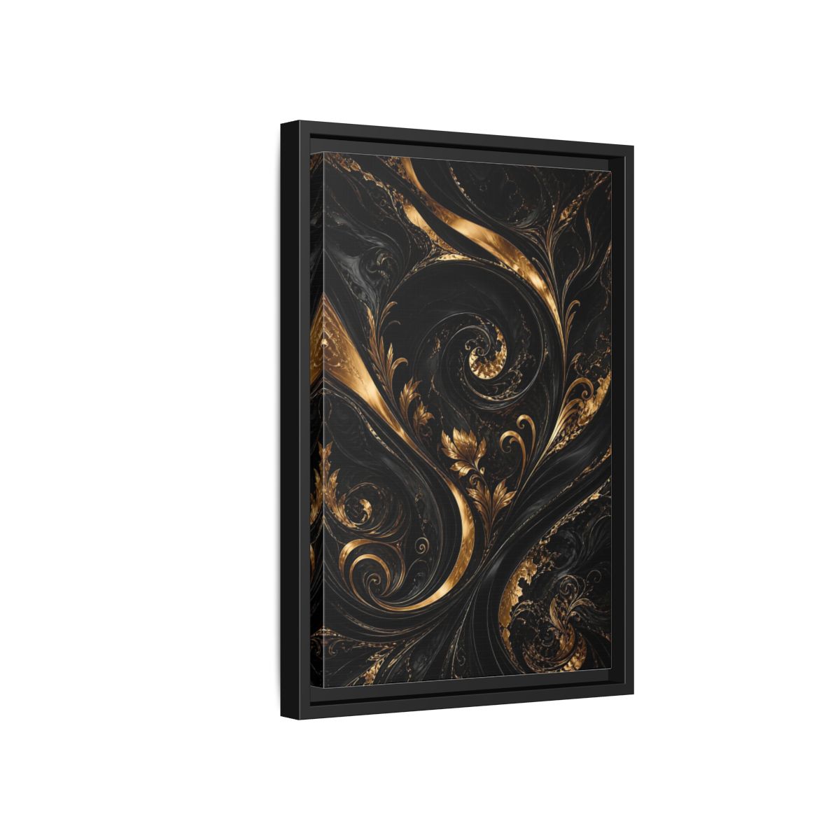 Side Mockup 6. Floral Gold Leaves Black And Gold shown as stretched canvas wall art