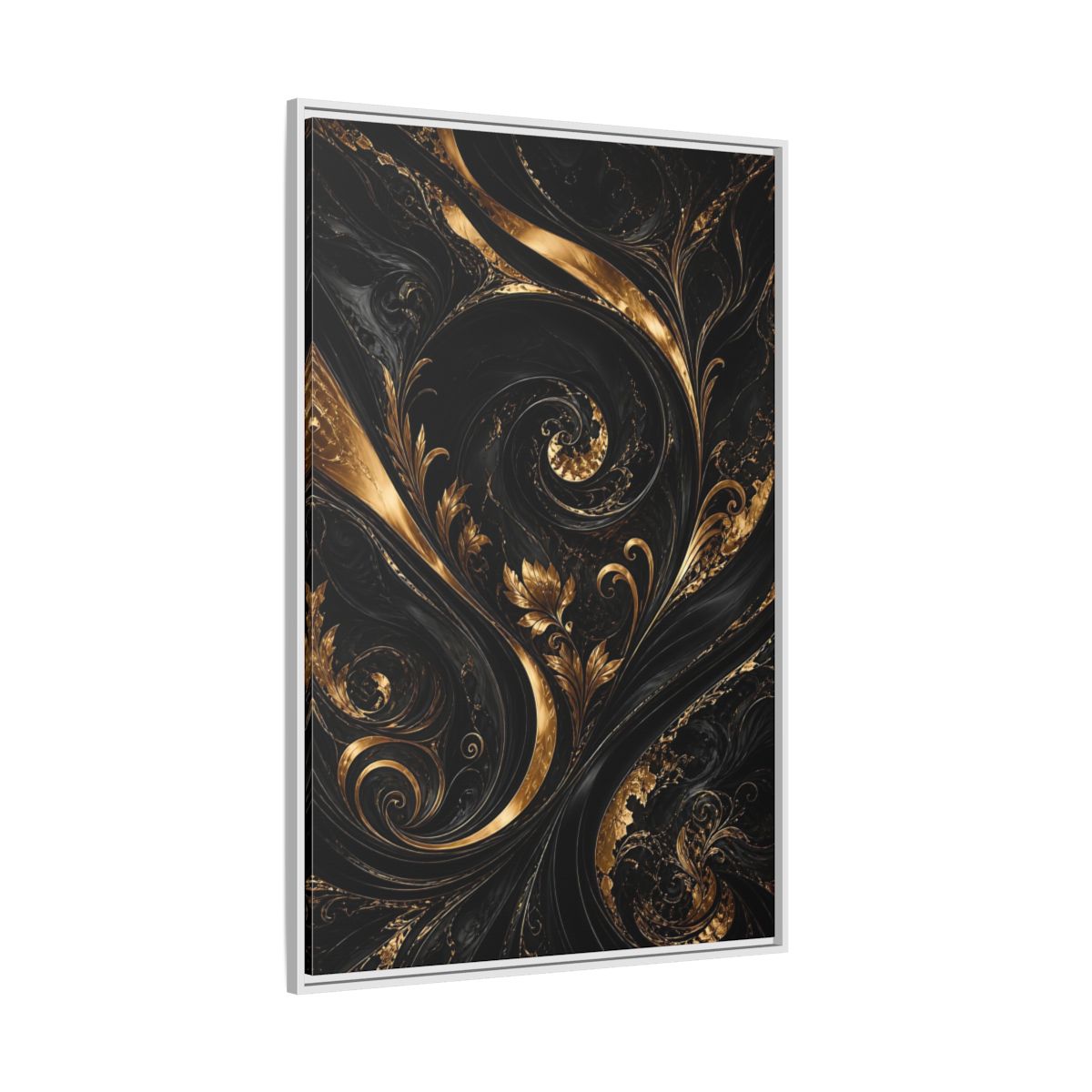 Side Mockup 7. Floral Gold Leaves Black And Gold shown as stretched canvas wall art