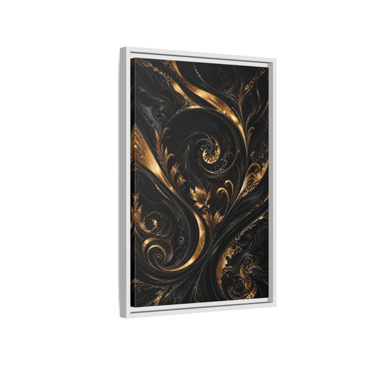 Side Mockup 1. Floral Gold Leaves Black And Gold shown as stretched canvas wall art