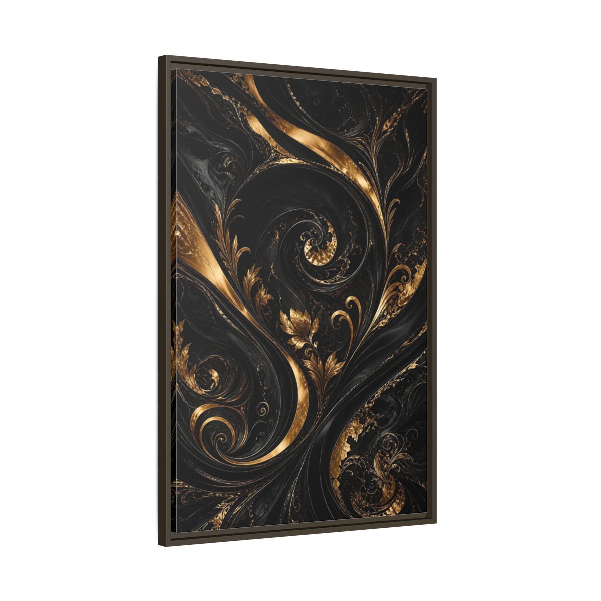 Main Mockup. Floral Gold Leaves Black And Gold shown as stretched canvas wall art