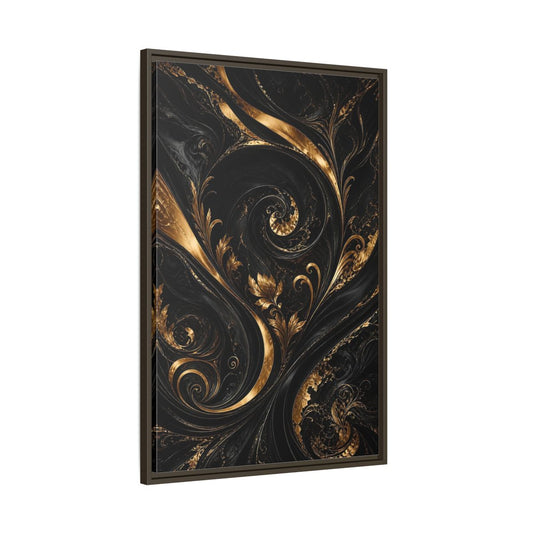 Main Mockup. Floral Gold Leaves Black And Gold shown as stretched canvas wall art