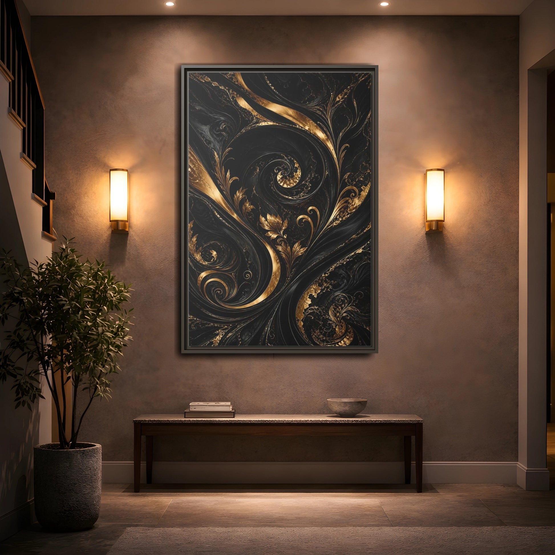 Mockup 2. Floral Gold Leaves Black And Gold shown as stretched canvas wall art