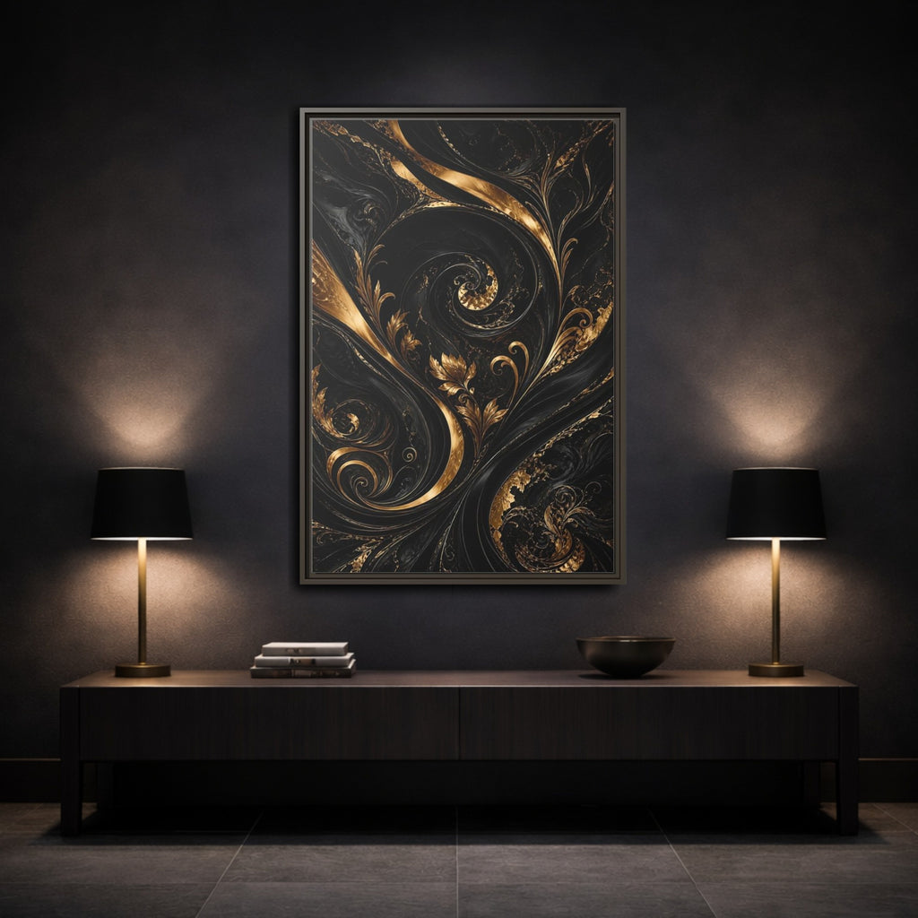 Mockup 3. Floral Gold Leaves Black And Gold shown as stretched canvas wall art