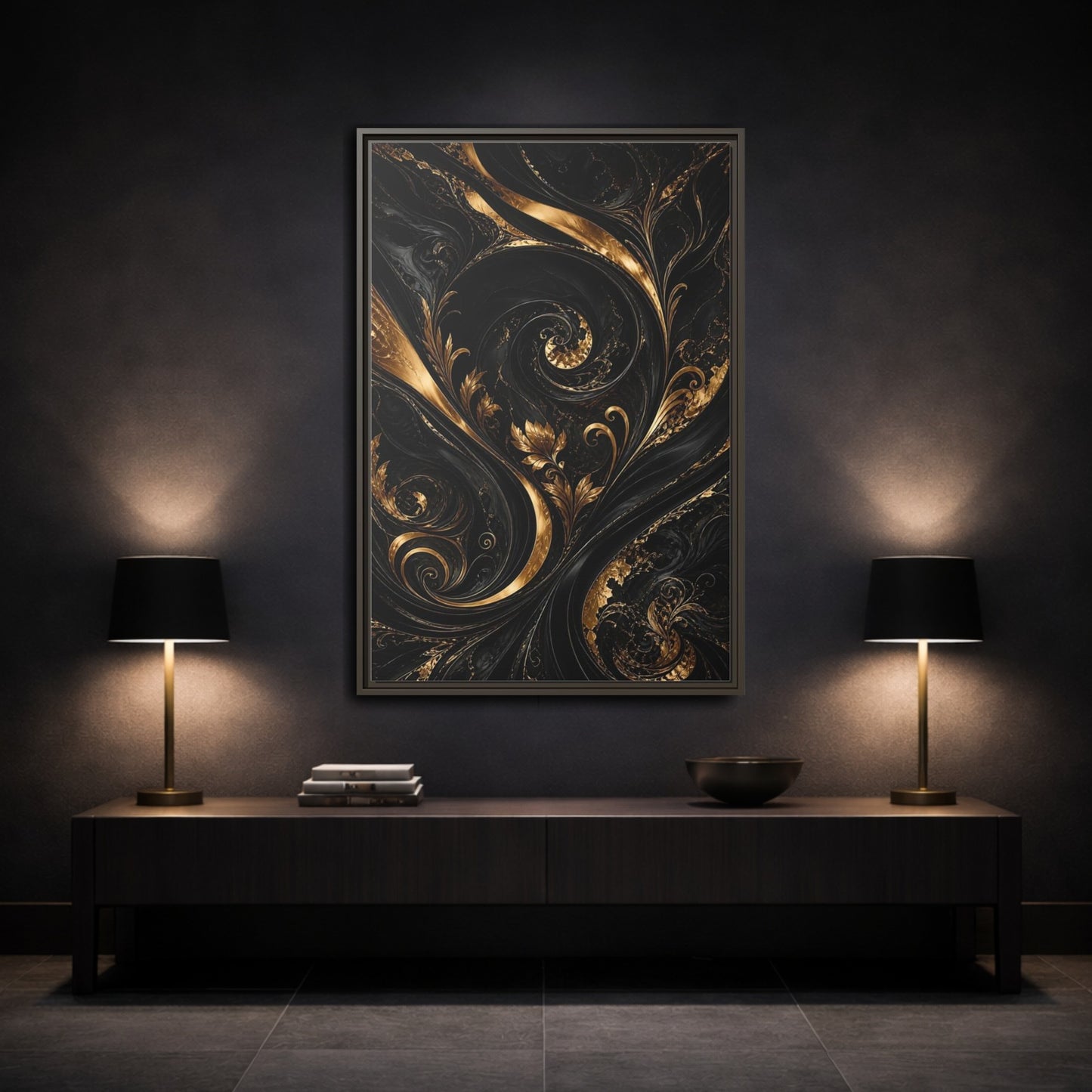 Mockup 3. Floral Gold Leaves Black And Gold shown as stretched canvas wall art