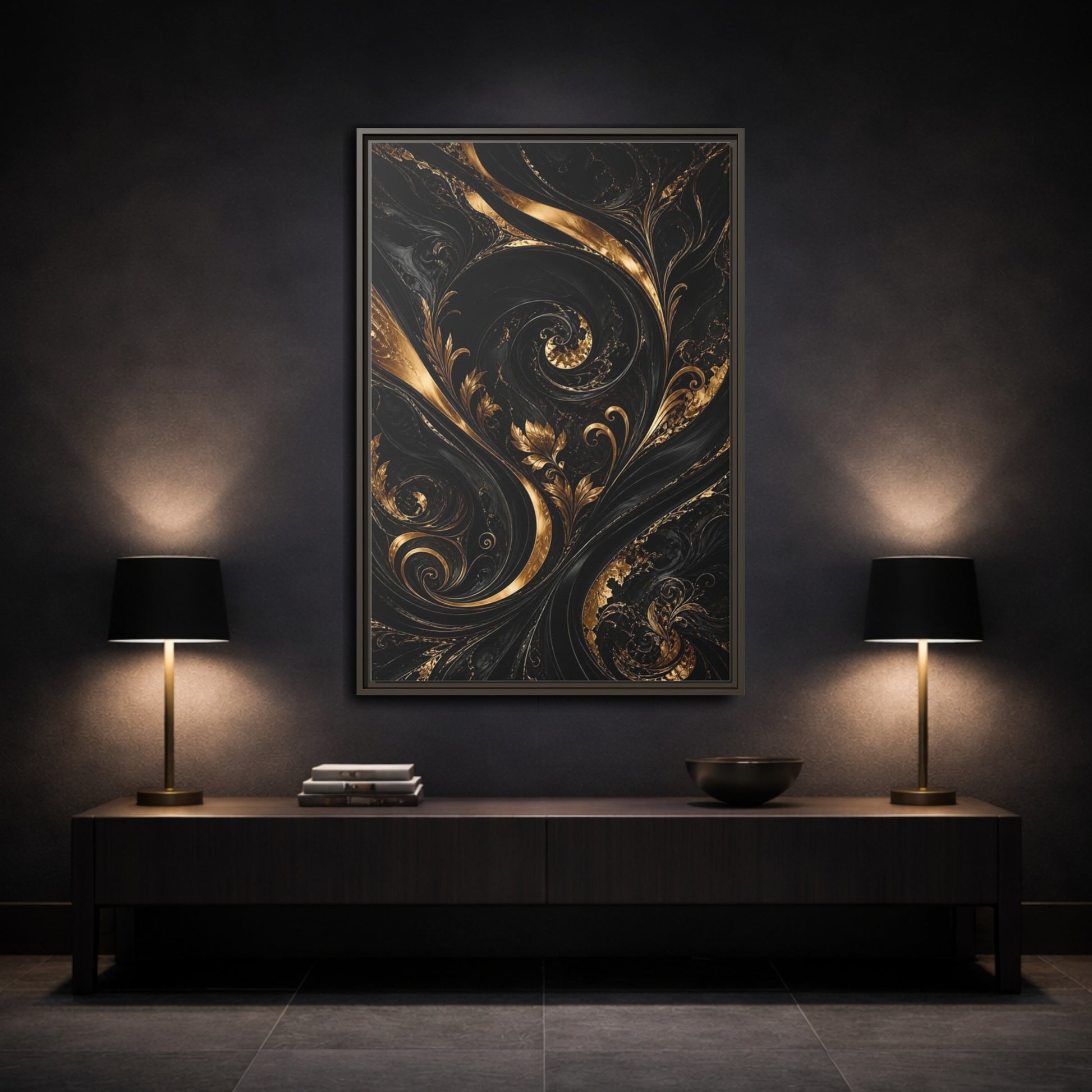 Mockup 3. Floral Gold Leaves Black And Gold shown as stretched canvas wall art