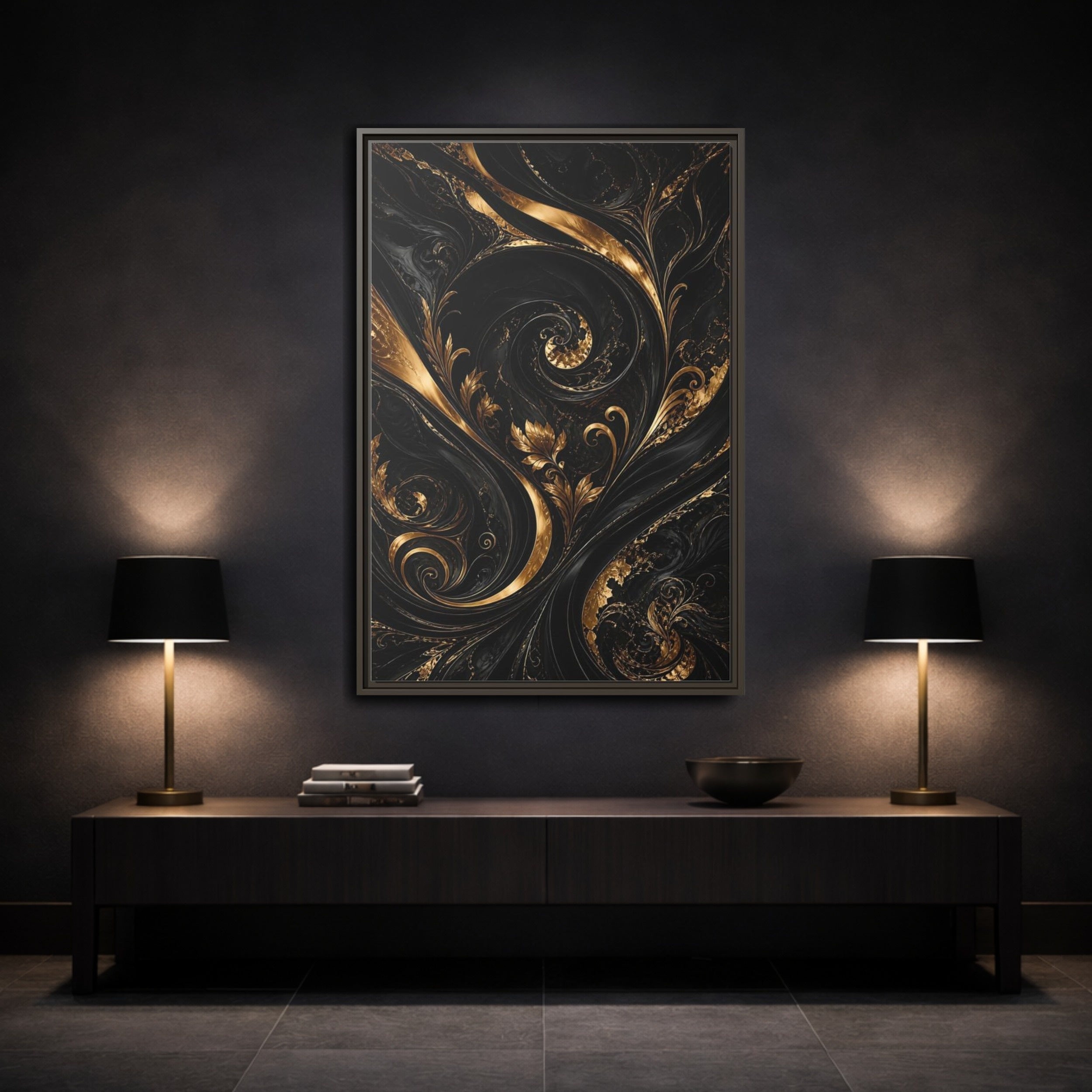 Mockup 3. Floral Gold Leaves Black And Gold shown as stretched canvas wall art