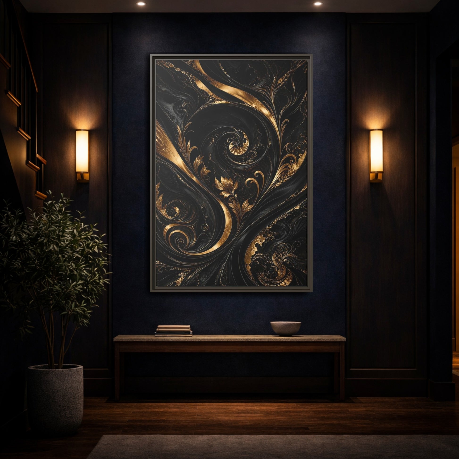 Mockup 4. Floral Gold Leaves Black And Gold shown as stretched canvas wall art