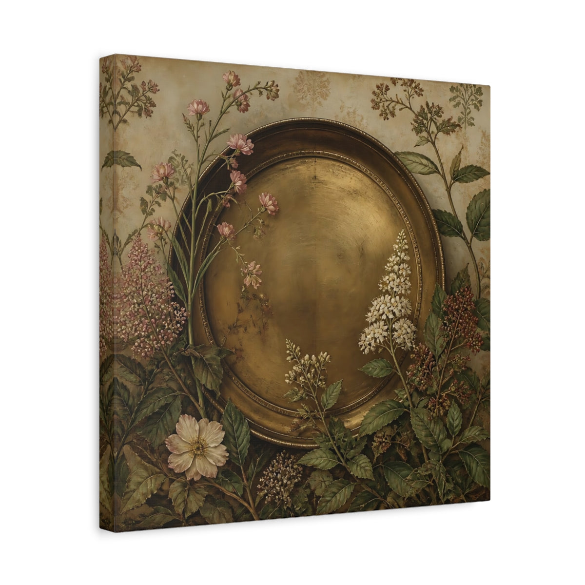 Side Mockup 6. Floral Gold Plate Gold Floral Plate shown as stretched canvas wall art