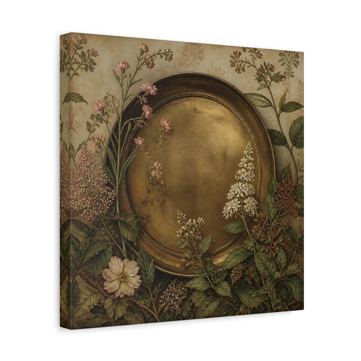 Side Mockup 7. Floral Gold Plate Gold Floral Plate shown as stretched canvas wall art
